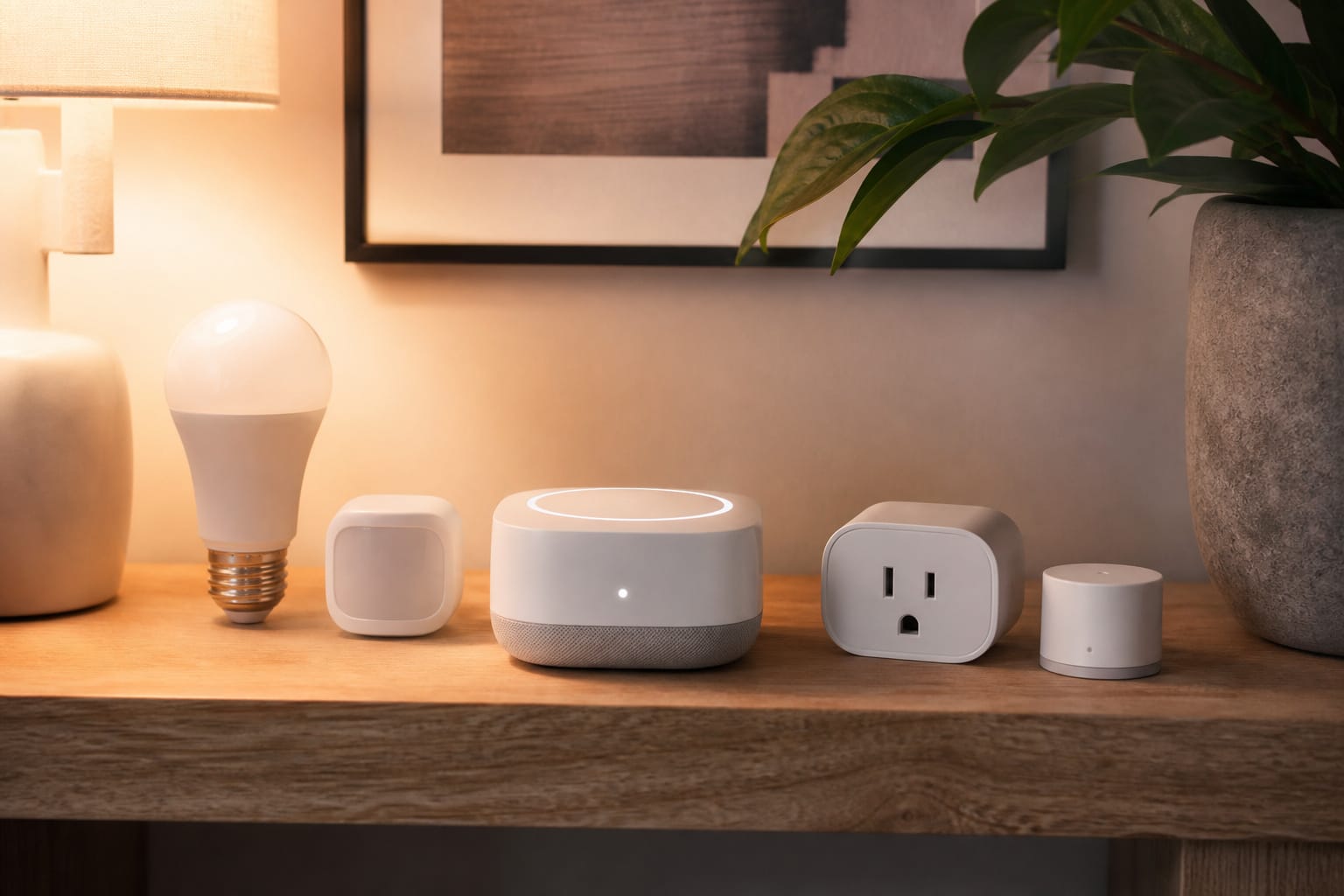 Compact smart hub surrounded by a bulb, sensor, and plug on a shelf