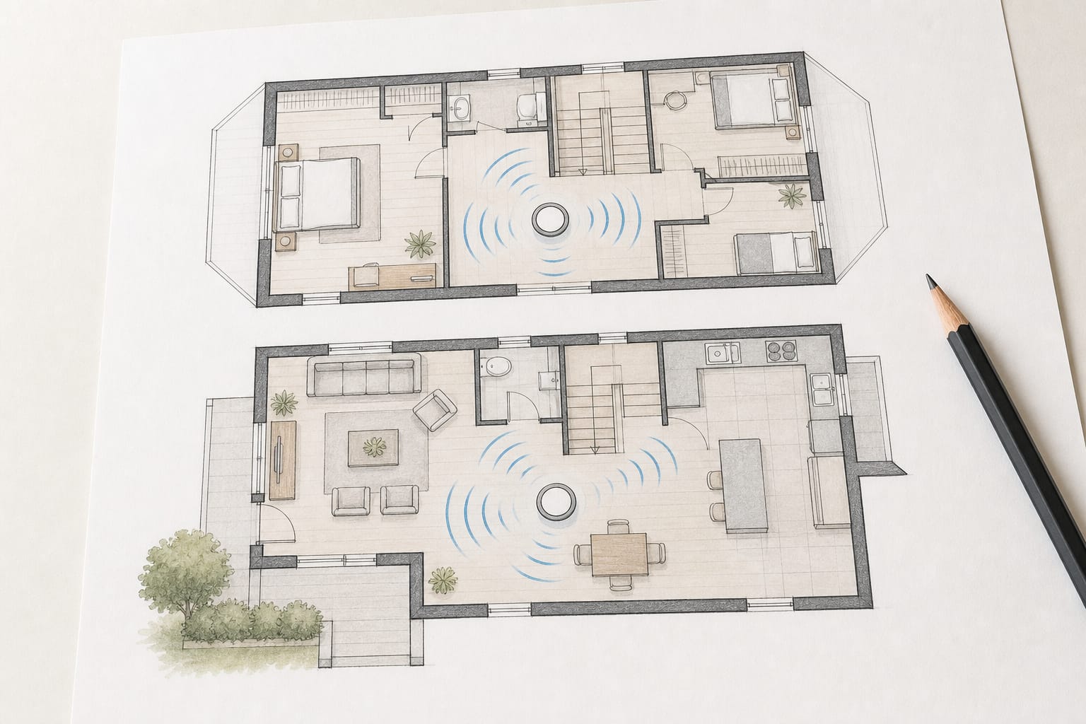 Simple house floor plan illustration with wireless signal waves radiating from a central point