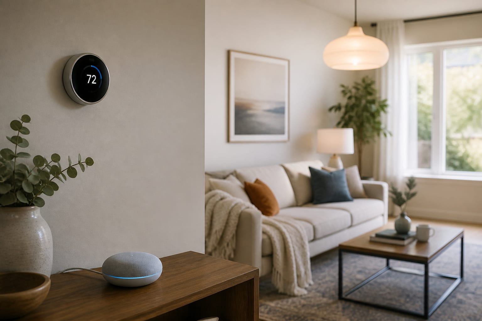 Living room with a smart hub, bulb, and thermostat visible together
