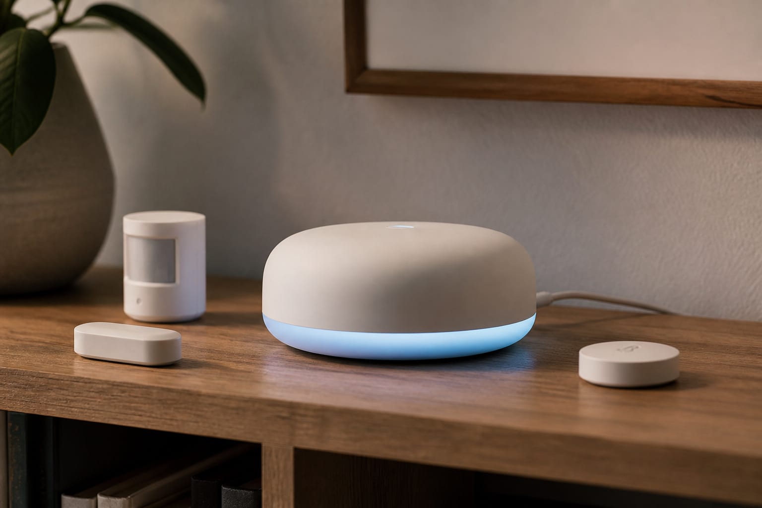 Small smart home hub glowing softly on a shelf with sensors nearby