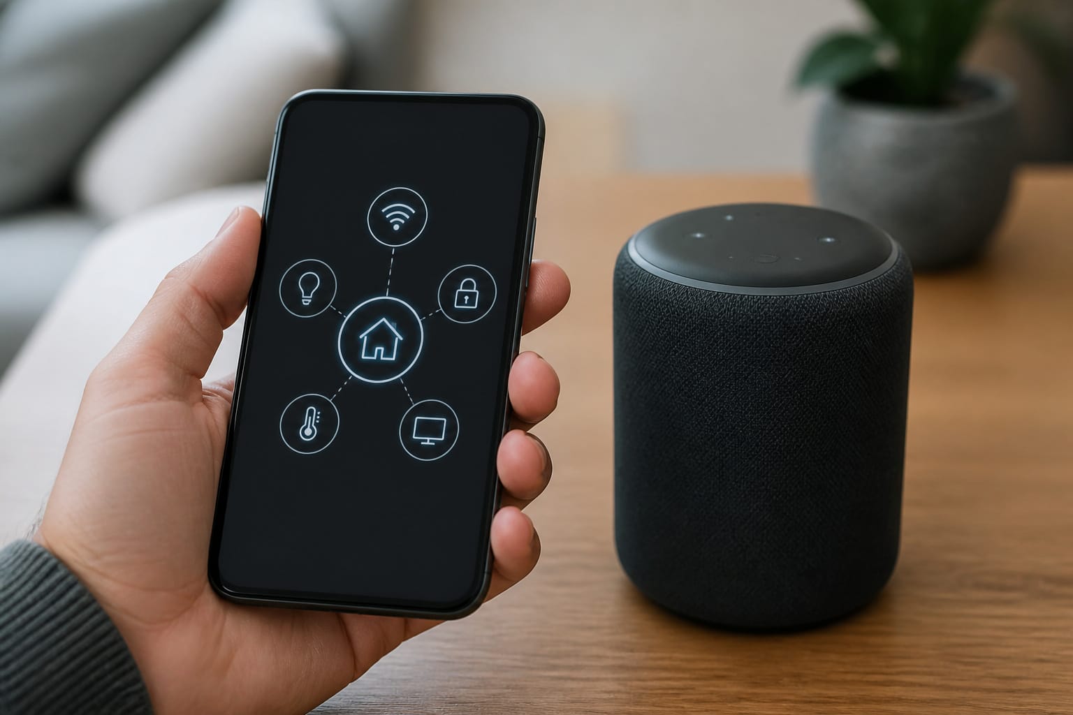 Smartphone showing connected device icons near a smart speaker