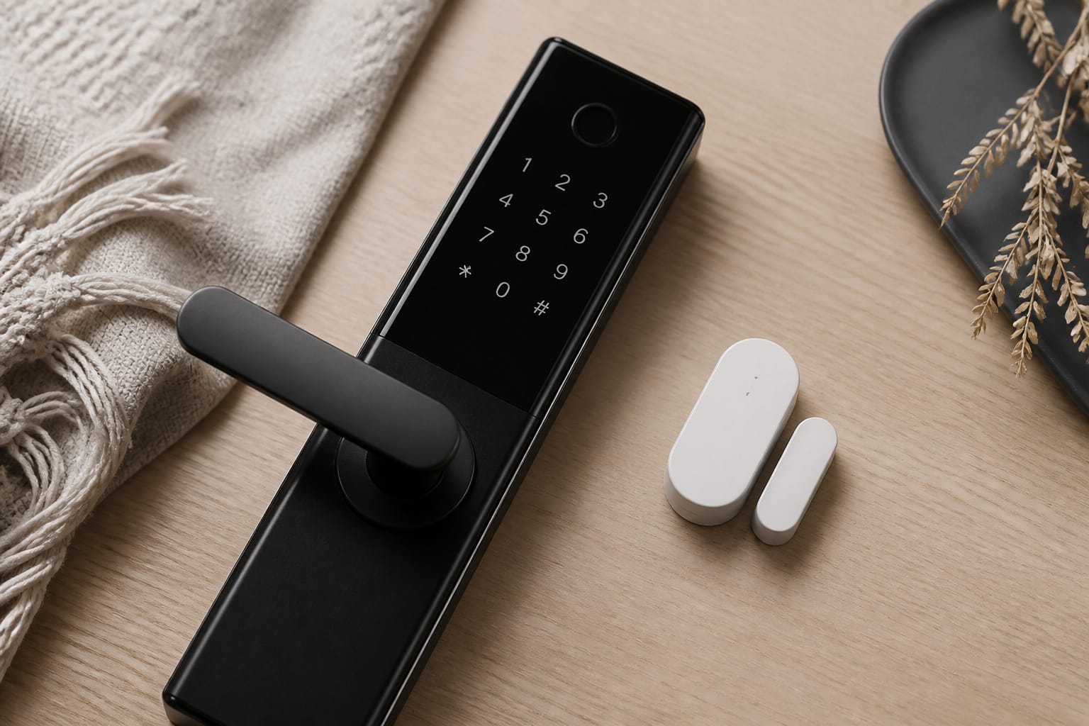 Smart door lock and small sensor device arranged together on a table