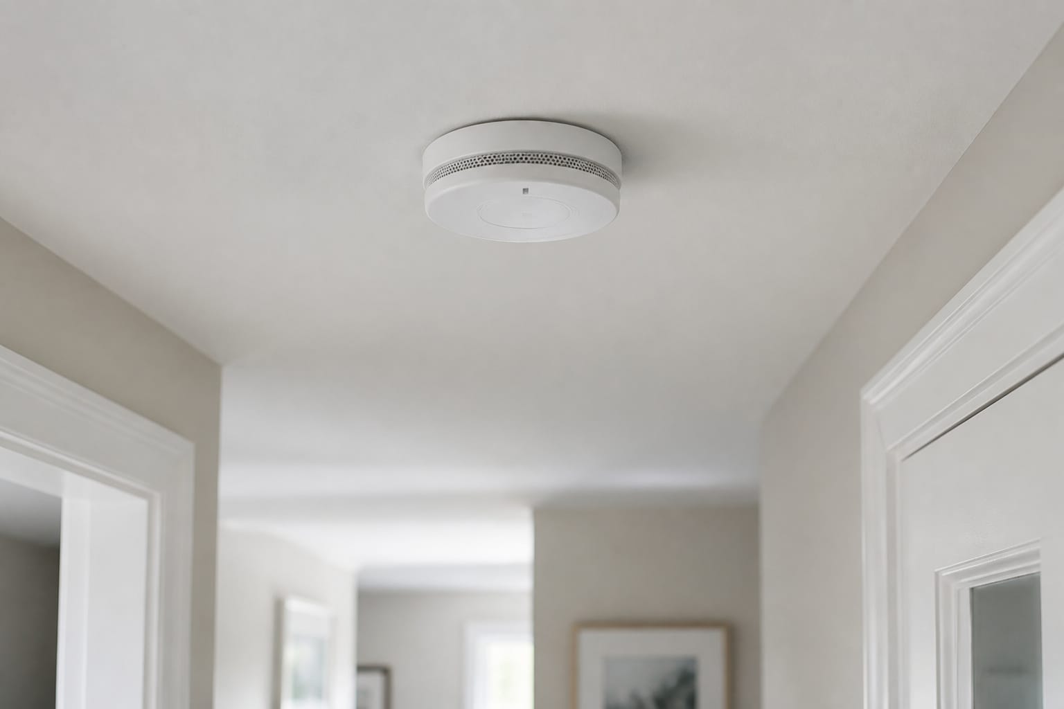 Smart smoke and CO detector mounted on a hallway ceiling