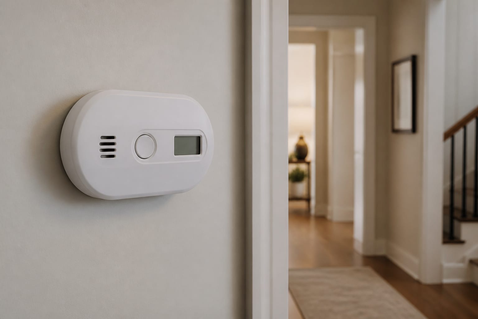 Carbon monoxide alarm with a digital display mounted on a wall
