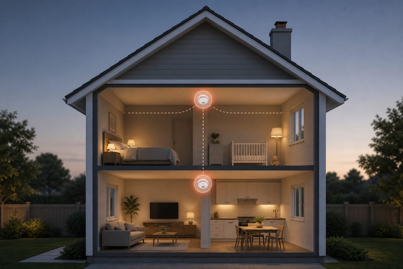 Simple two-story house illustration showing alarms connected across floors