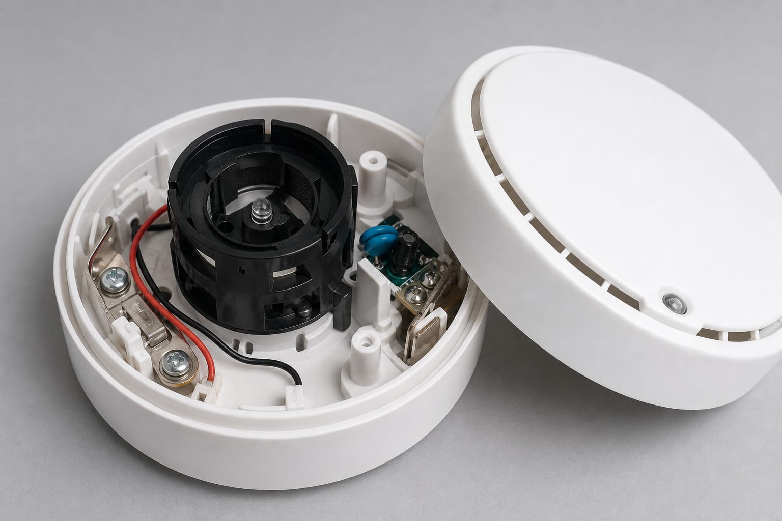 Open smoke detector housing showing the internal sensor chamber