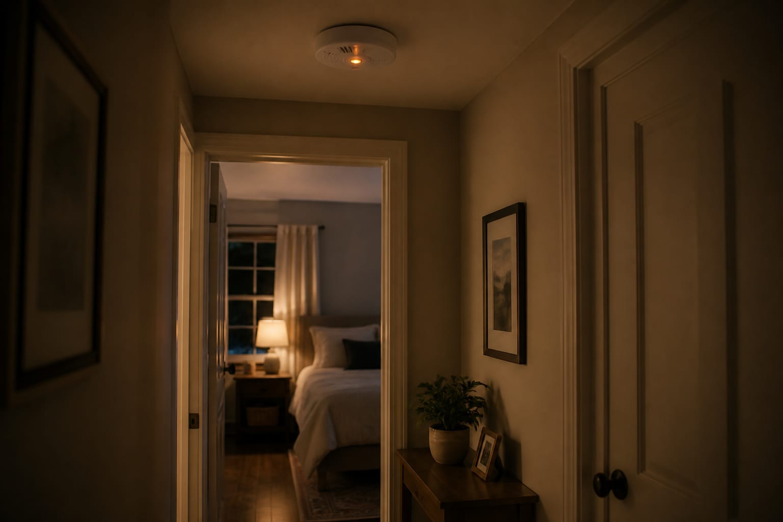 Bedroom hallway at night with a smoke detector glowing softly on the ceiling