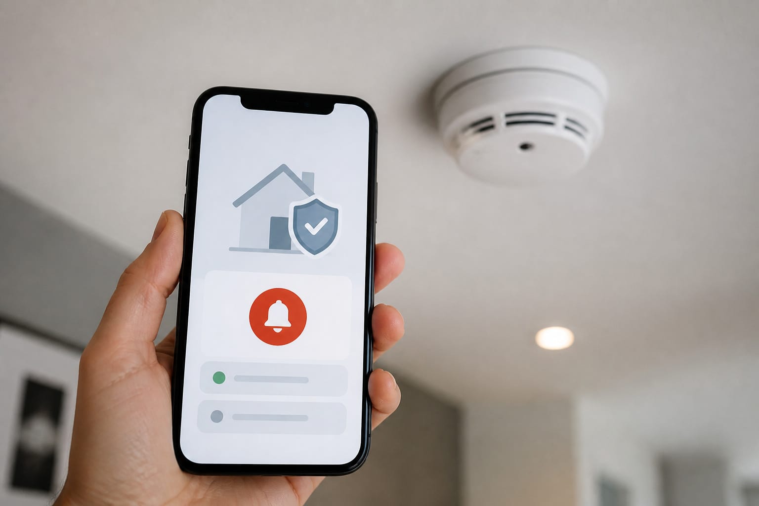 Smartphone showing a home safety notification near a ceiling-mounted smoke detector