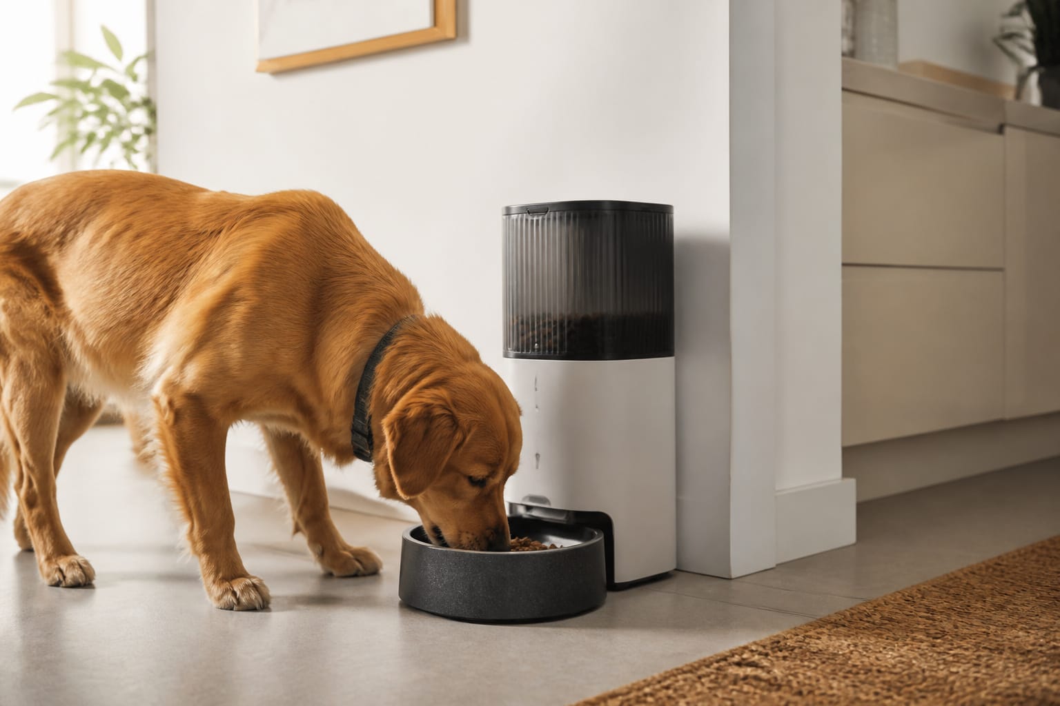 Dog eating from a bowl beneath a modern automatic pet feeder
