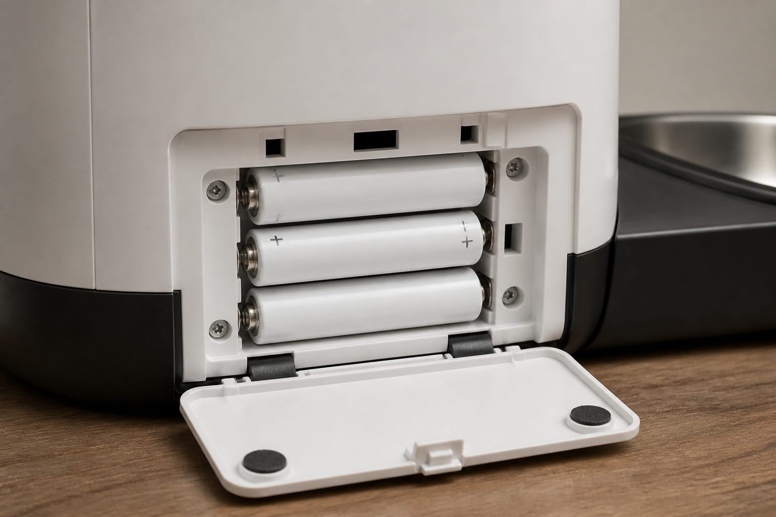 Open battery compartment of an automatic pet feeder showing backup batteries