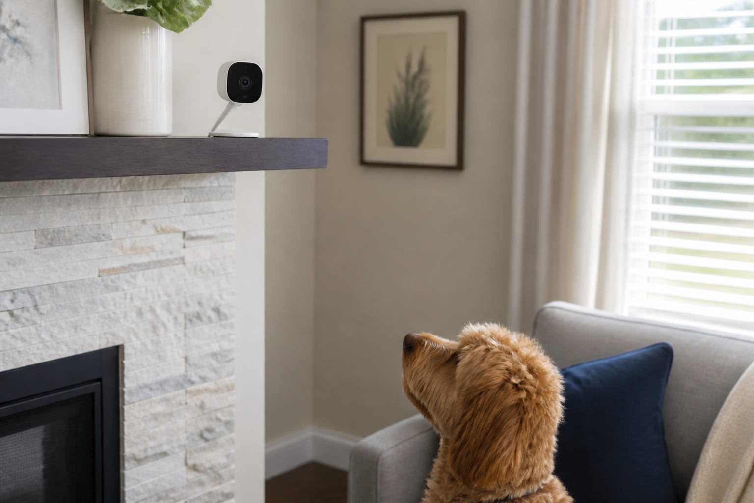 Small pet camera mounted on a shelf with a dog looking up toward it