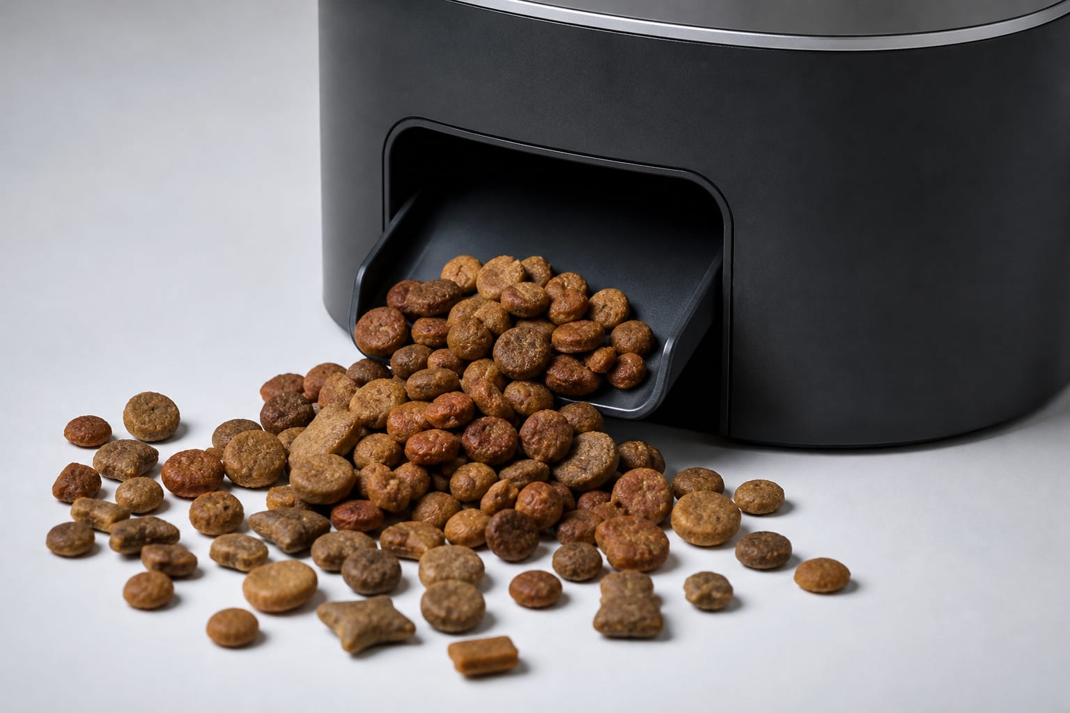 Kibble of varying shapes near the dispensing chute of an automatic pet feeder