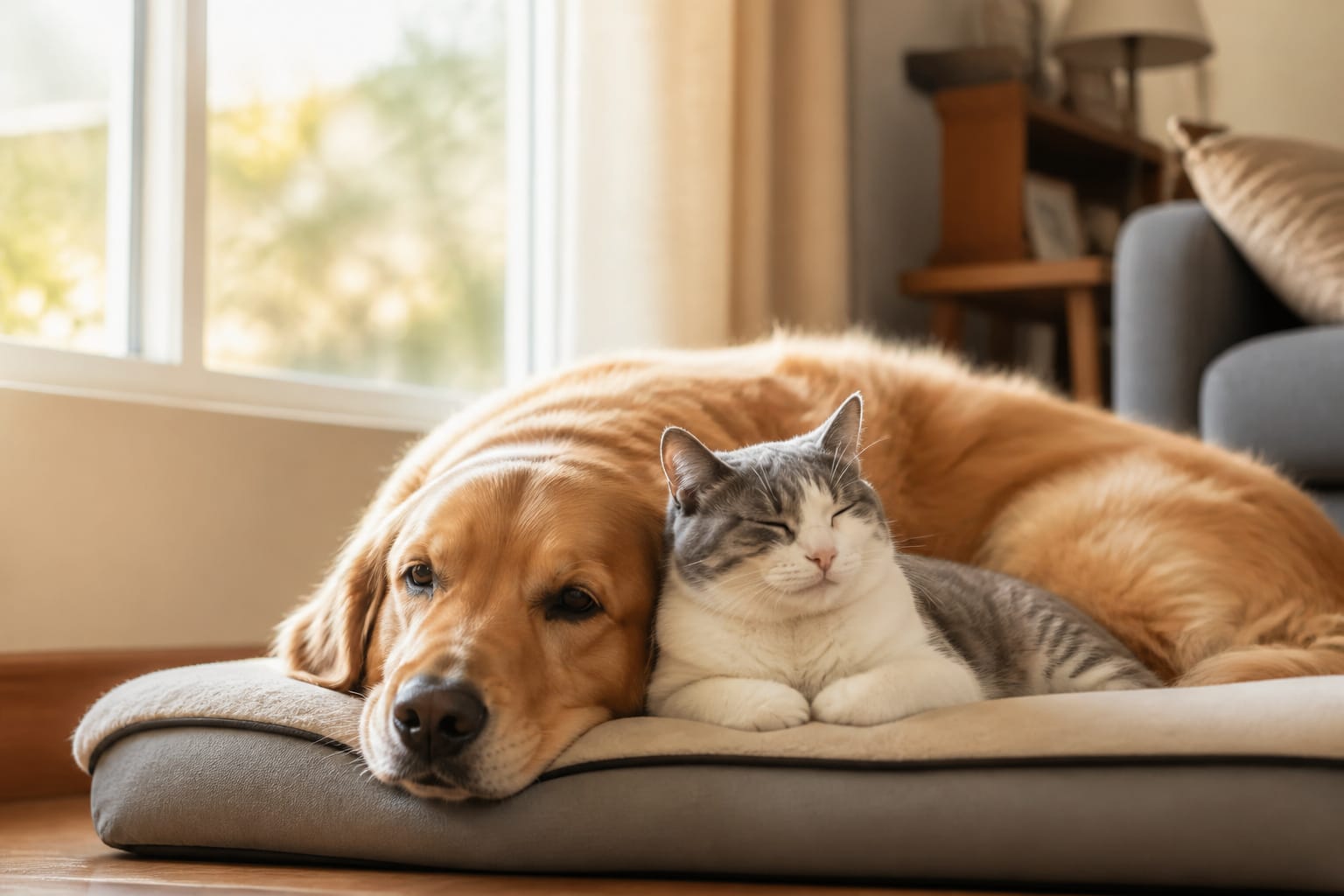 Content cat and dog resting together near a window in a cozy living room