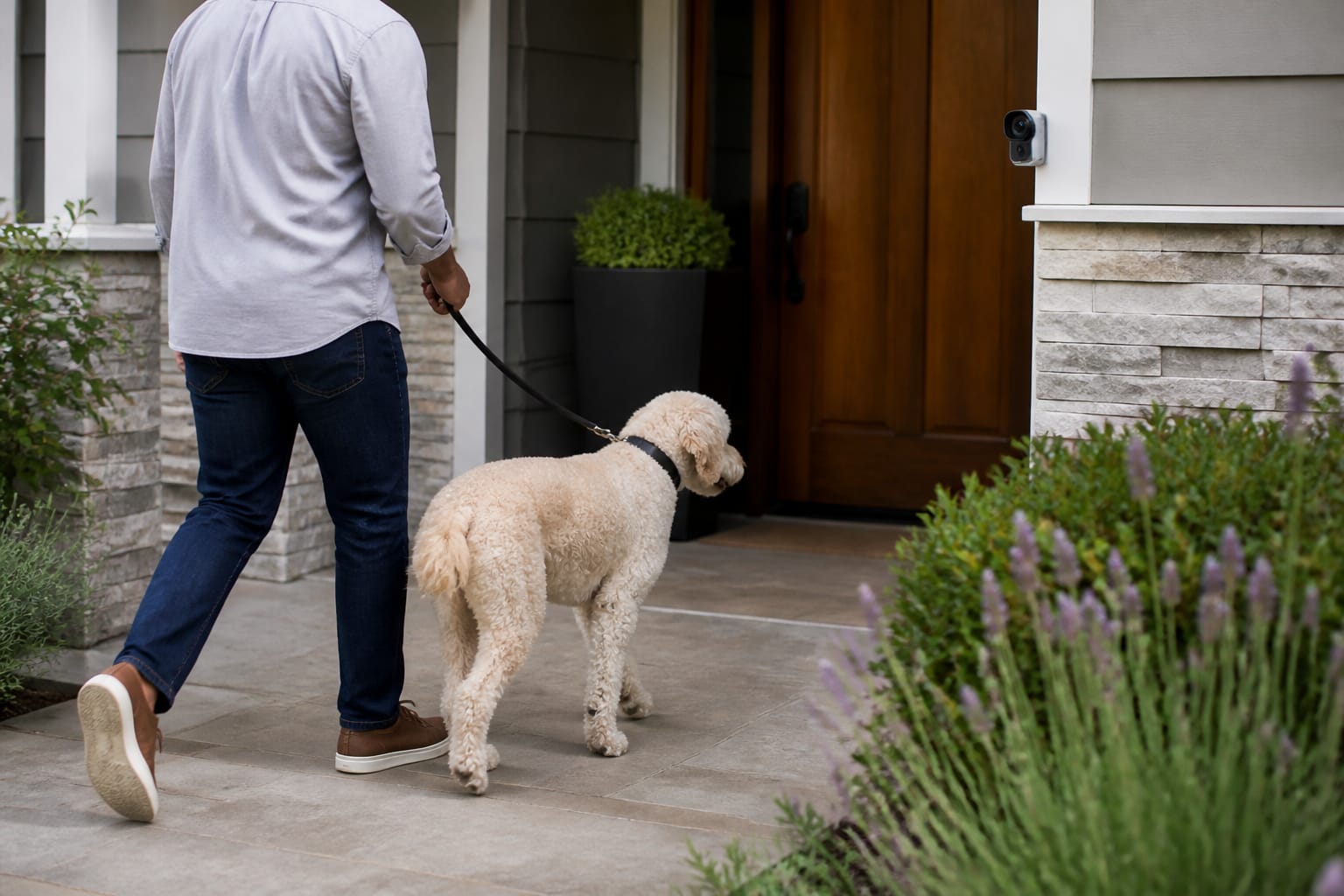 Person walking a dog near a front entryway with a small camera visible nearby