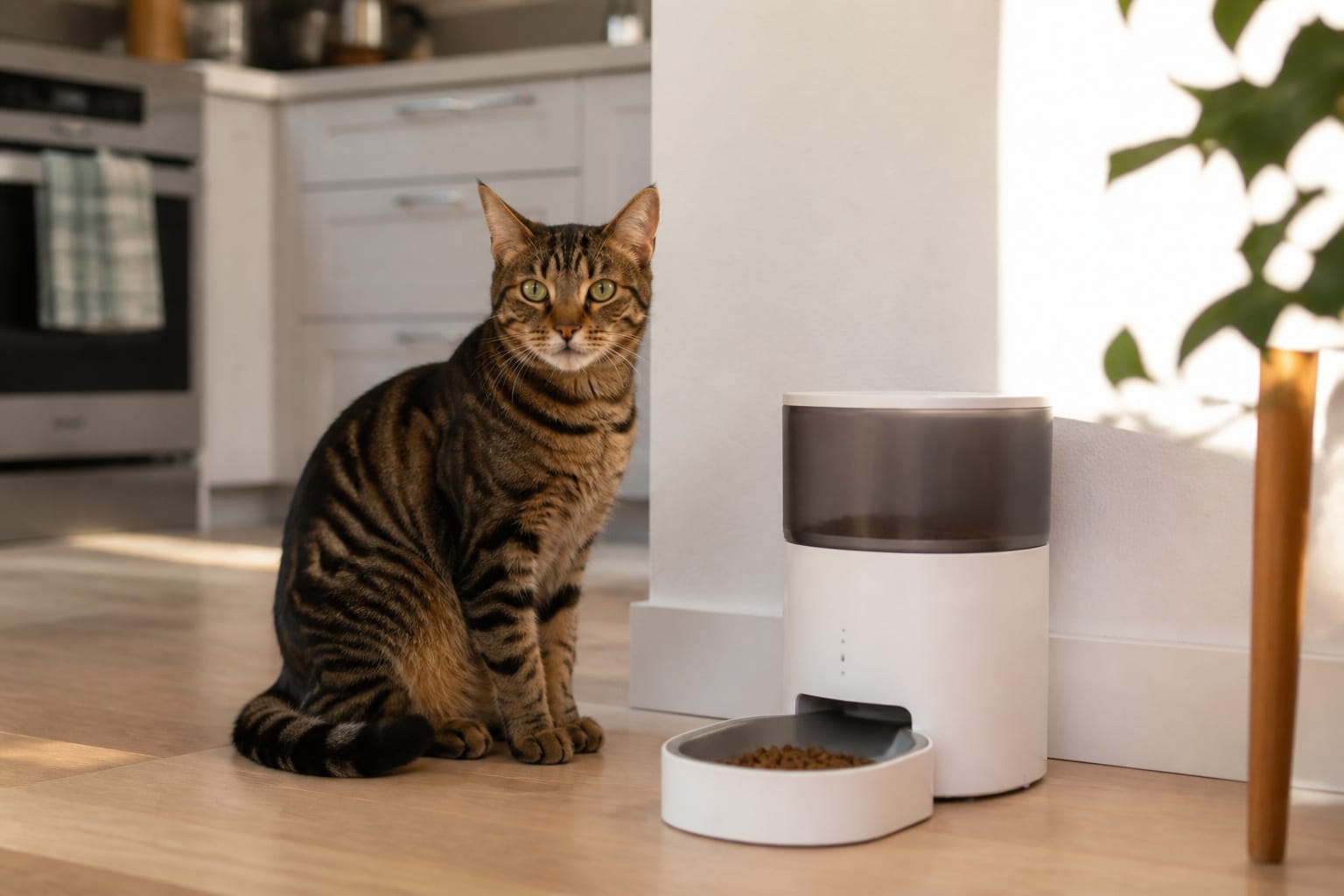 Cat sitting near an automatic pet feeder in a tidy kitchen