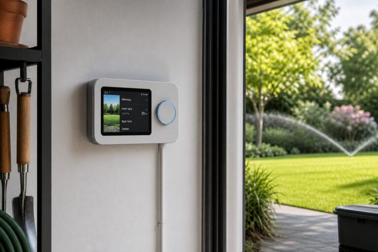 Smart sprinkler controller mounted on a garage wall near a green lawn