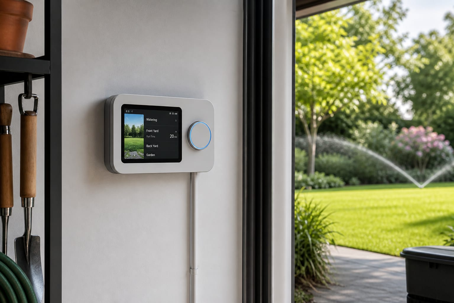 Smart sprinkler controller mounted on a garage wall near a green lawn
