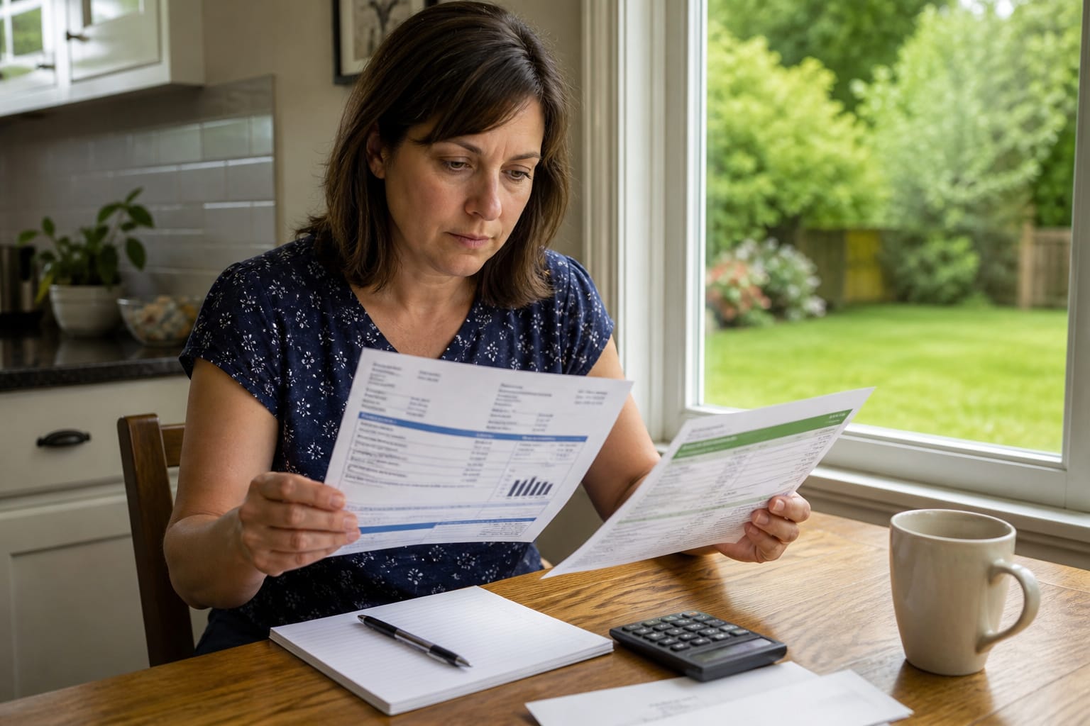 Person reviewing a water utility bill and rebate paperwork with a lawn visible through the window