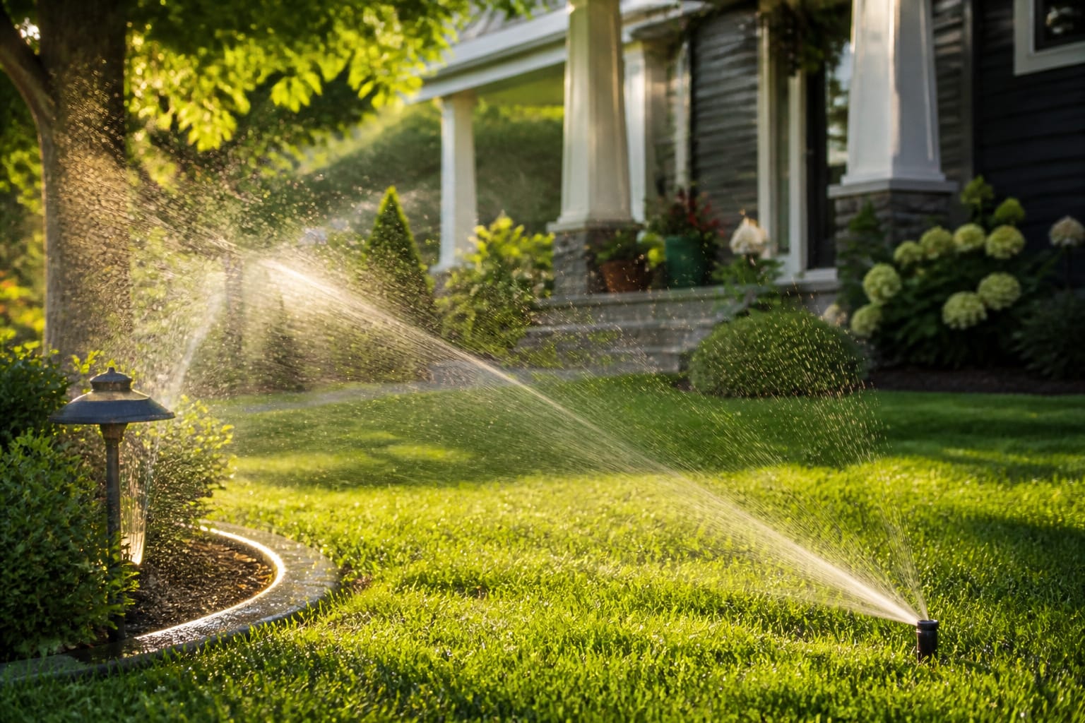 Healthy green front yard with sprinkler spray catching afternoon sunlight