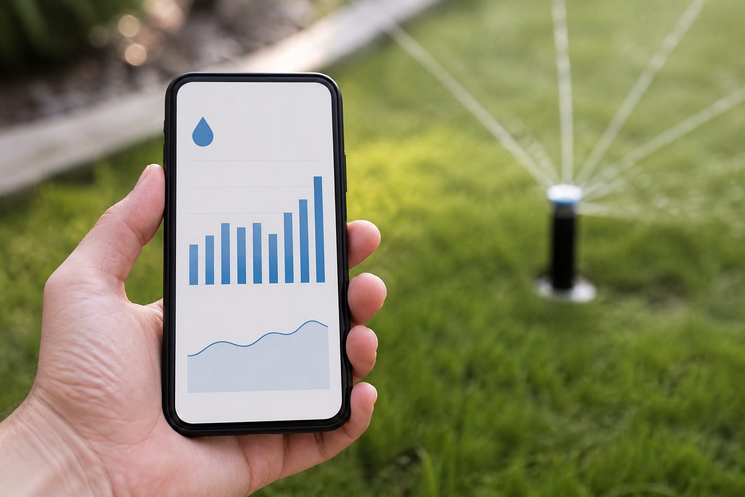 Smartphone showing a water usage graph near a lawn sprinkler