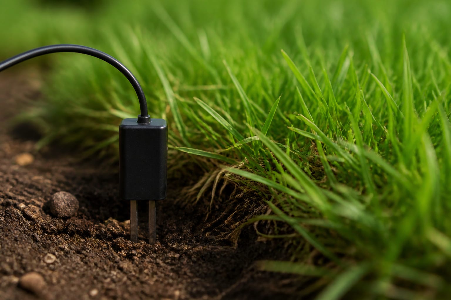 Small soil moisture sensor probe inserted into lawn soil