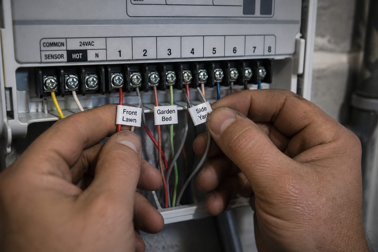 Hands connecting labeled sprinkler wires to a controller's numbered terminals
