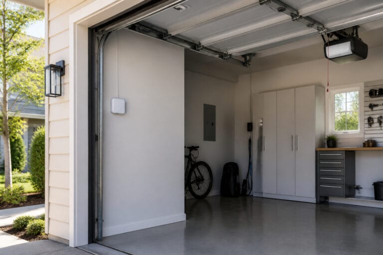 Suburban garage with an open door and a small smart controller mounted near the opener motor