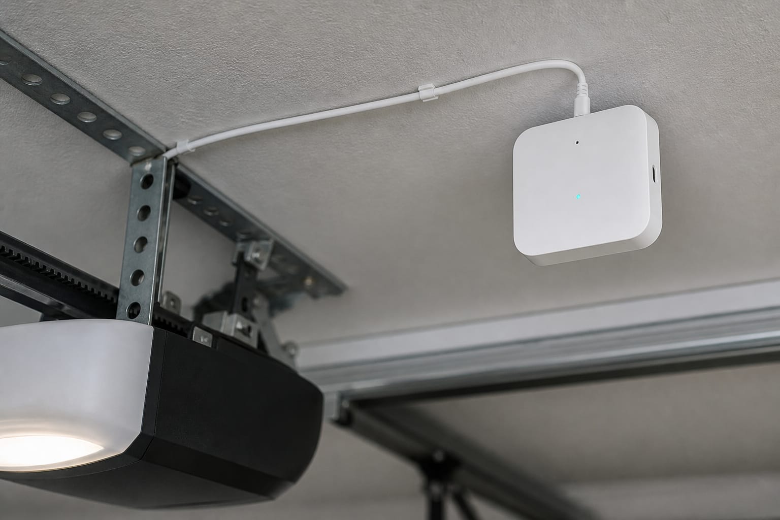Small Wi-Fi garage controller hub mounted near an existing opener motor