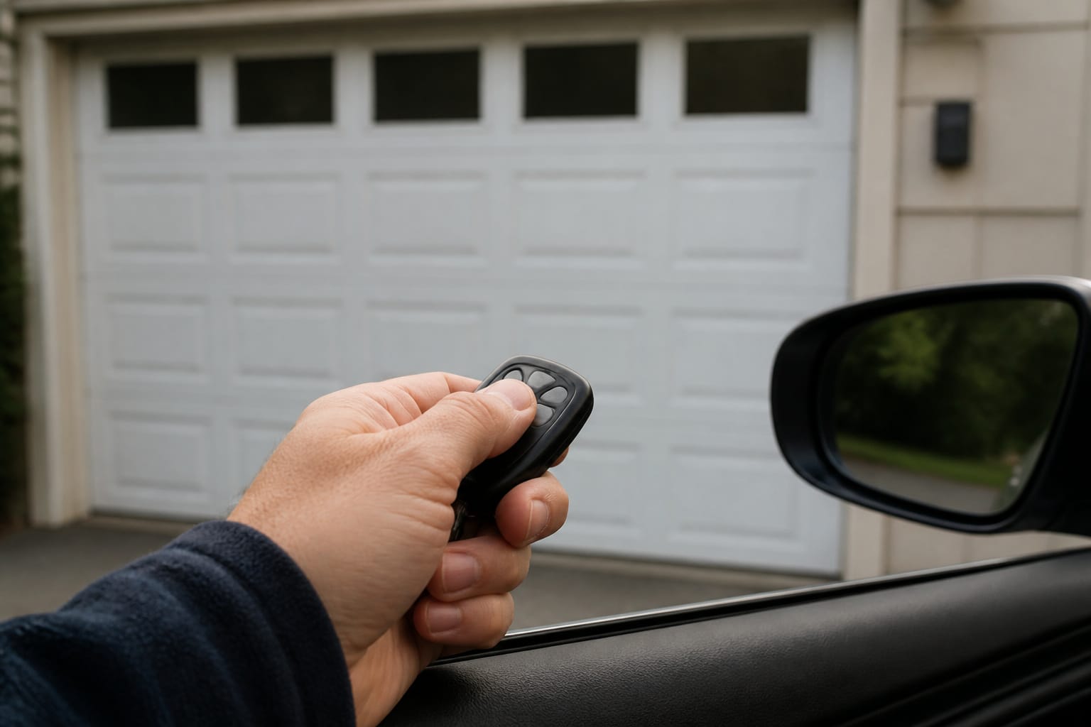 Hand holding a garage door remote control near a car