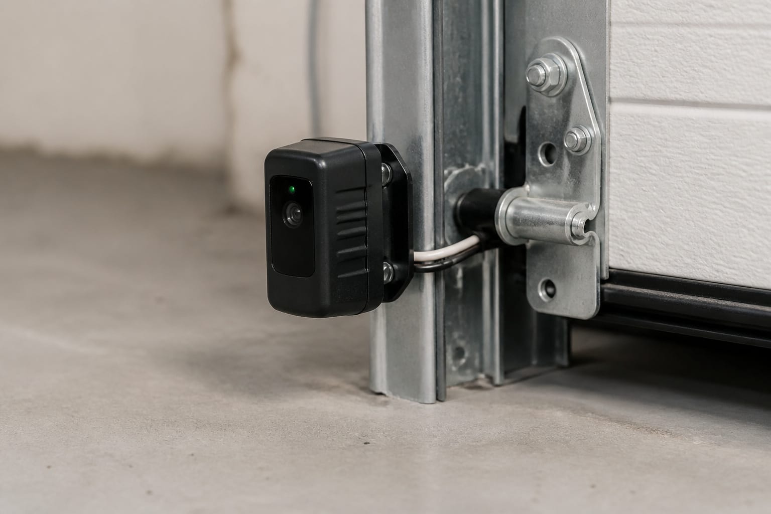 Black photo-eye safety sensor mounted low on a garage door track