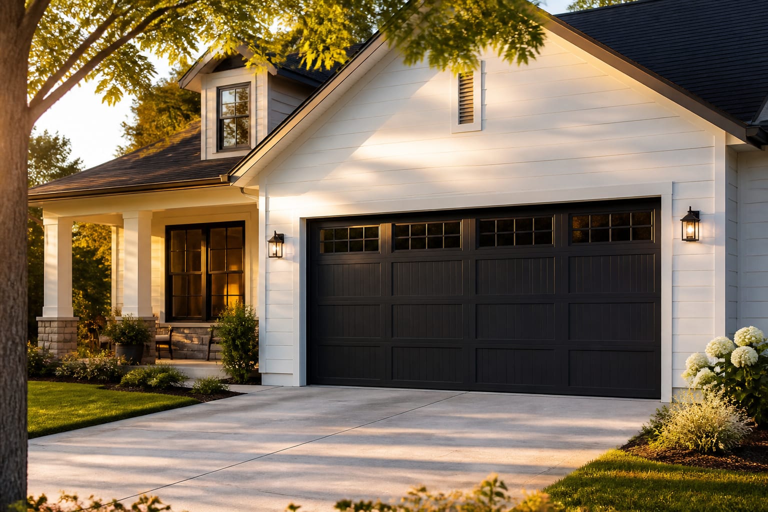 Suburban home exterior with a closed garage door in warm afternoon light