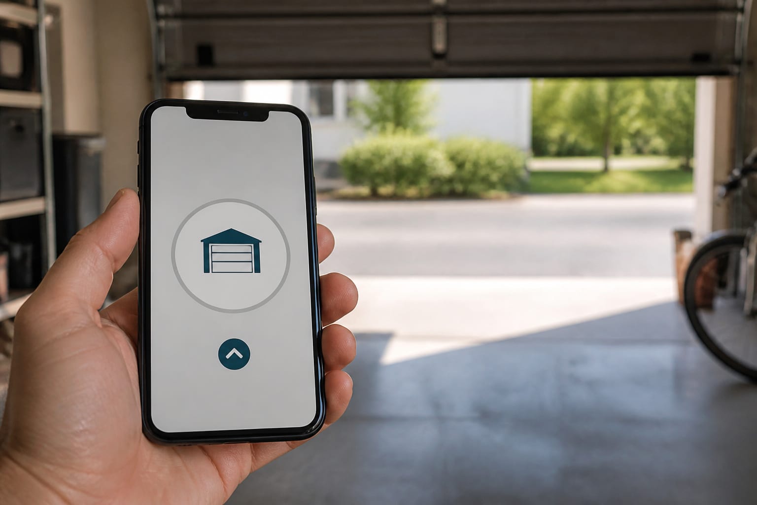 Smartphone showing a garage door control app near an open garage door