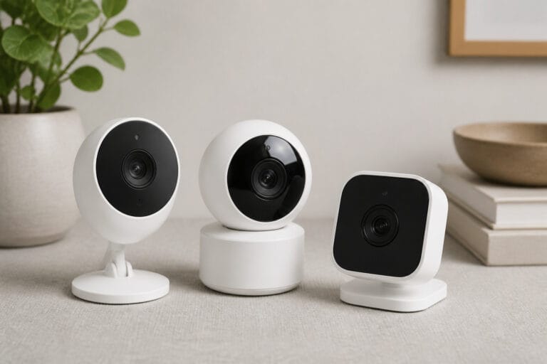 Three different small home security cameras arranged together on a table
