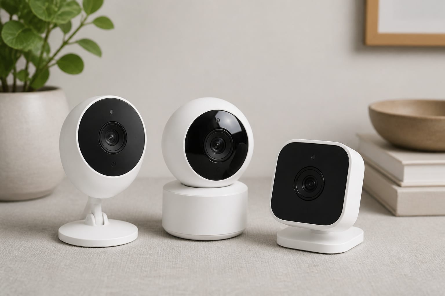 Three different small home security cameras arranged together on a table