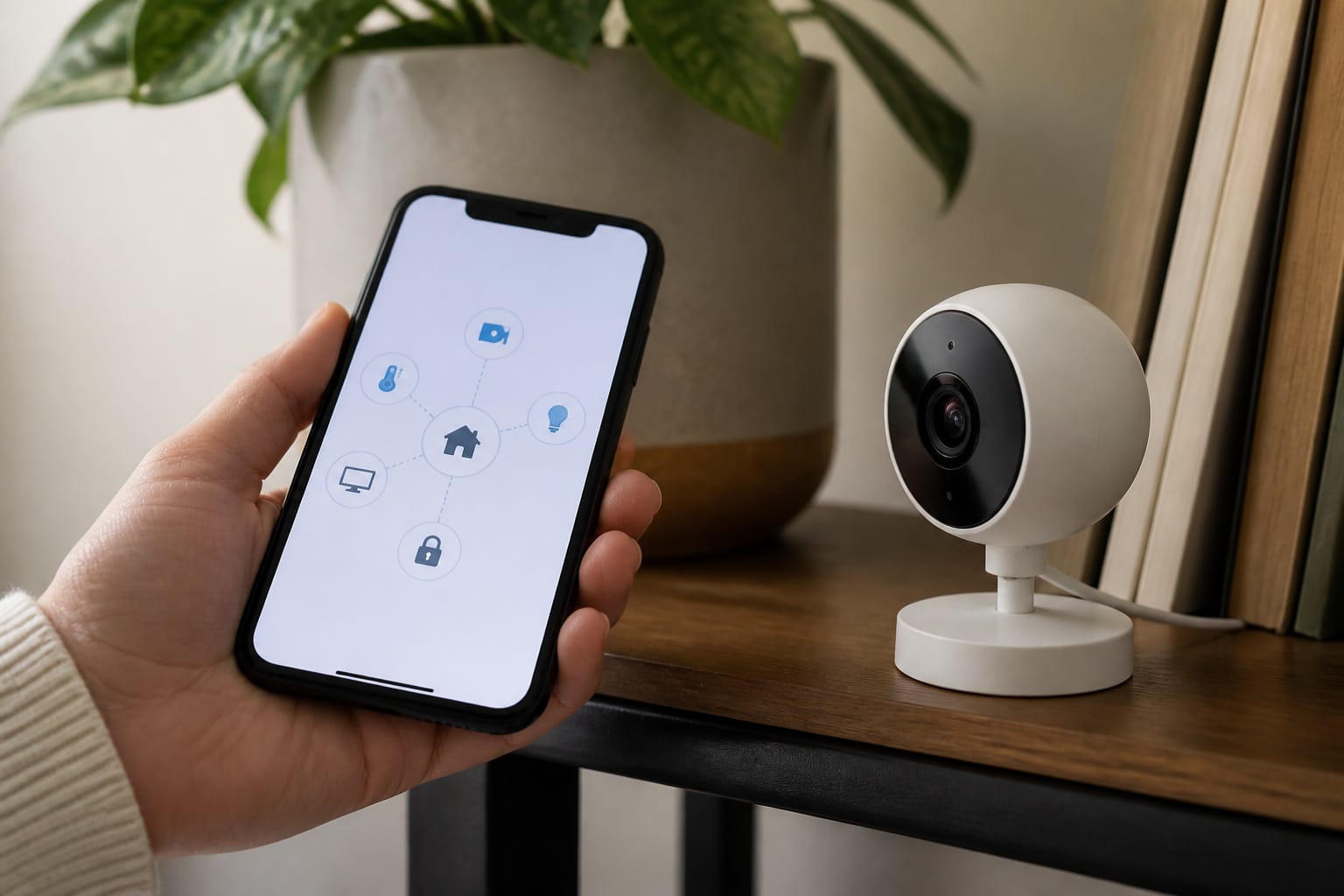 Smartphone showing connected device icons near a small security camera