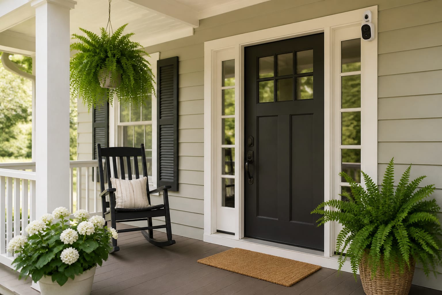 Tidy front porch with a small security camera mounted near the door