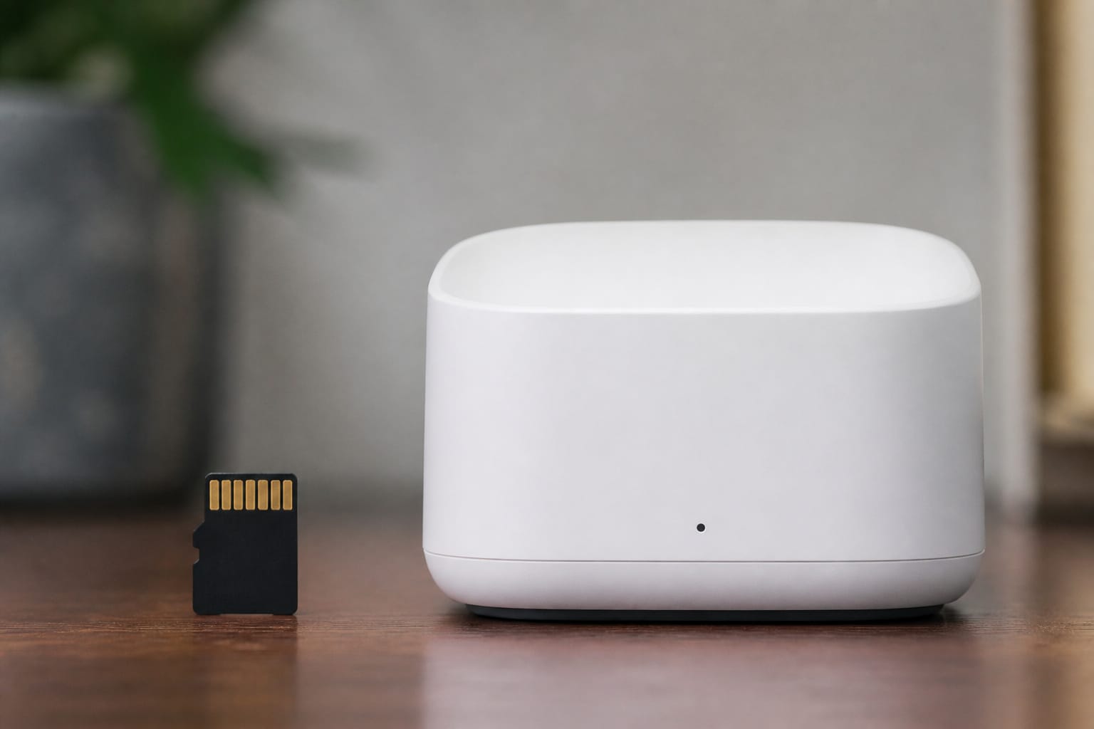 MicroSD card and a compact home hub device placed side by side