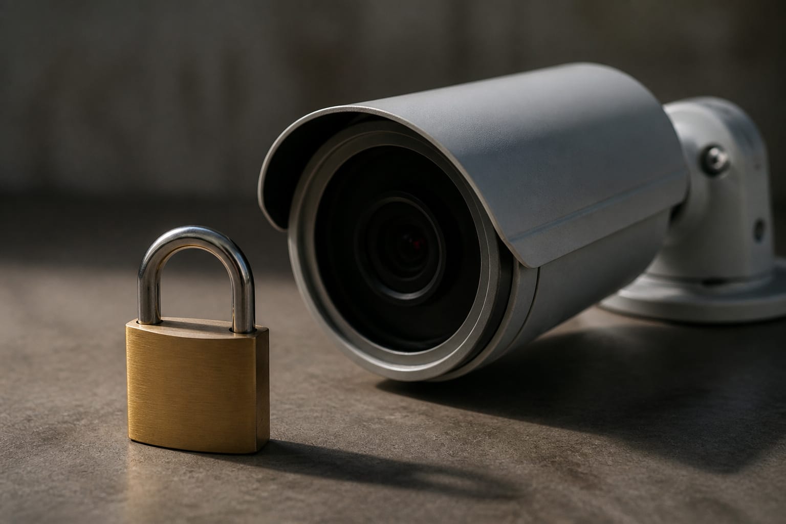 Small padlock resting beside a security camera on a table