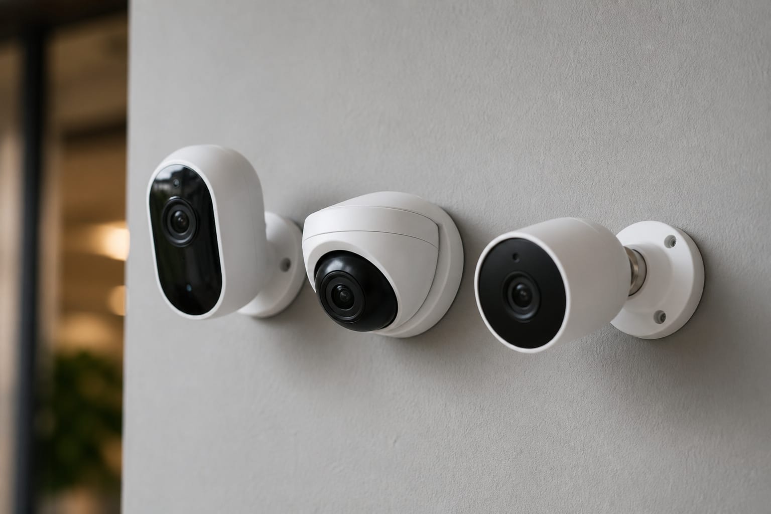 Three small security cameras of different designs mounted together on a wall