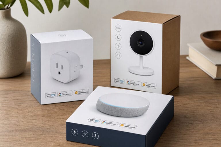 Three smart home device boxes arranged together with certification badges visible on packaging
