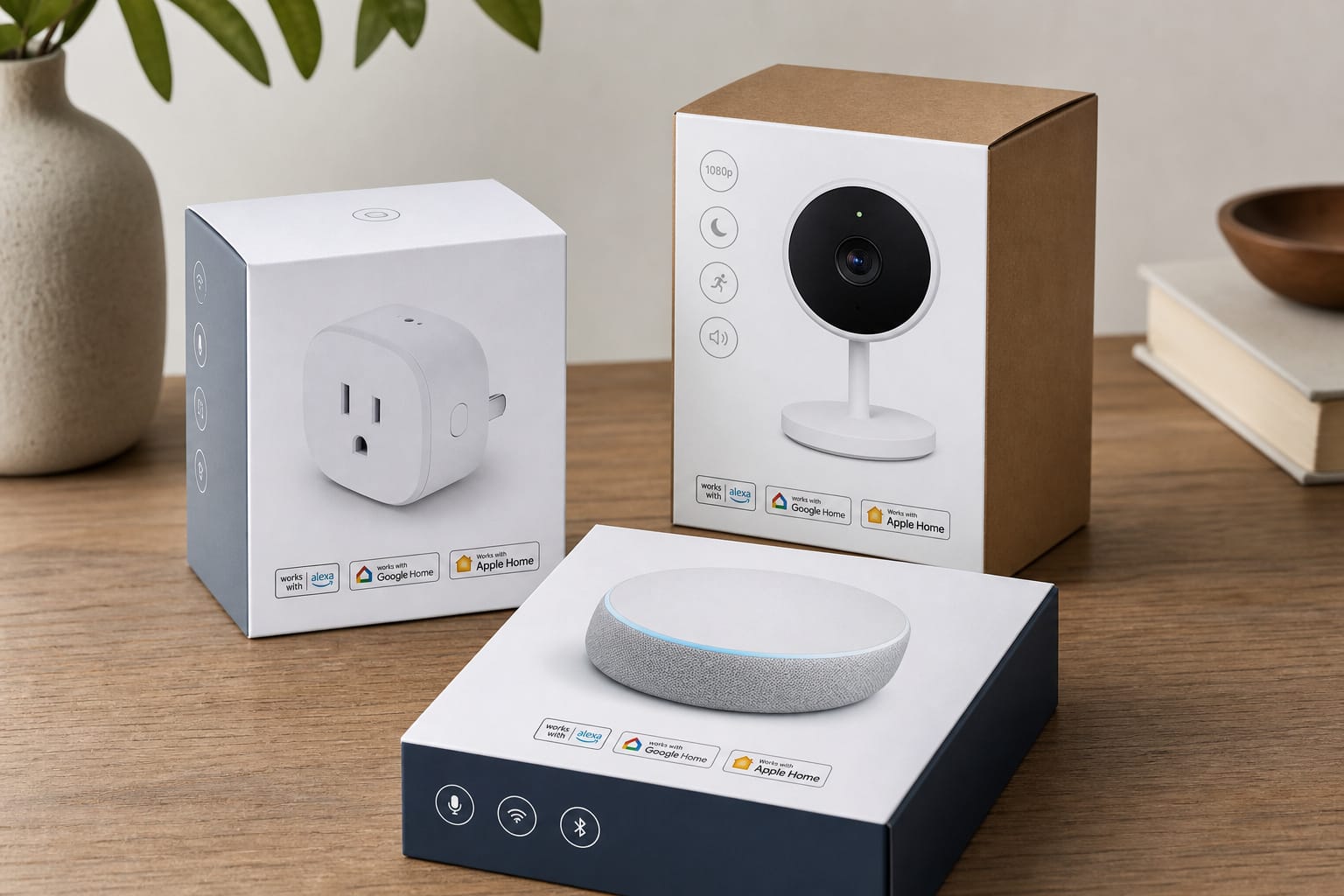 Three smart home device boxes arranged together with certification badges visible on packaging