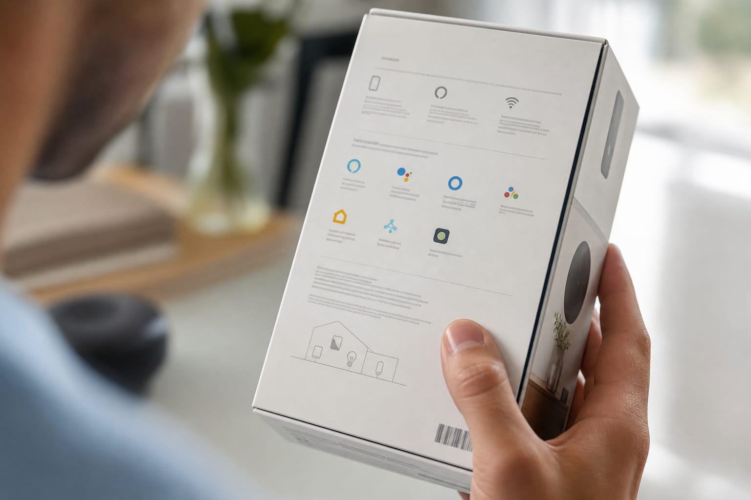 Hand examining the back of a smart home device box for compatibility information