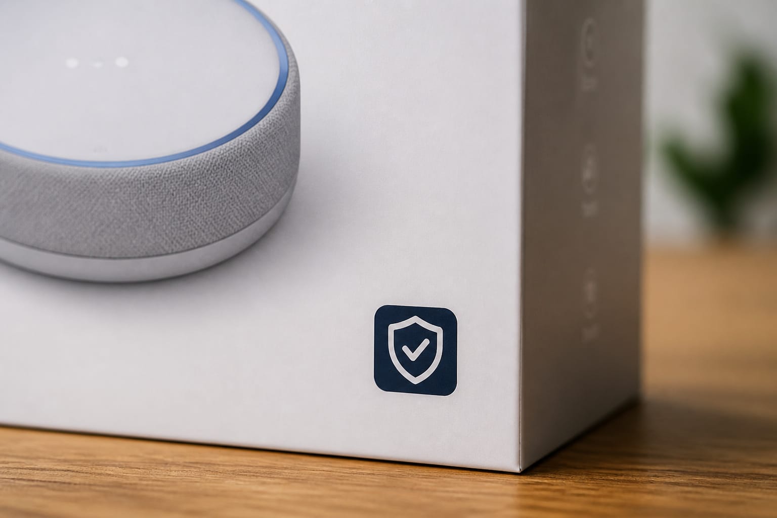 Smart home device box with a certification logo displayed on the packaging