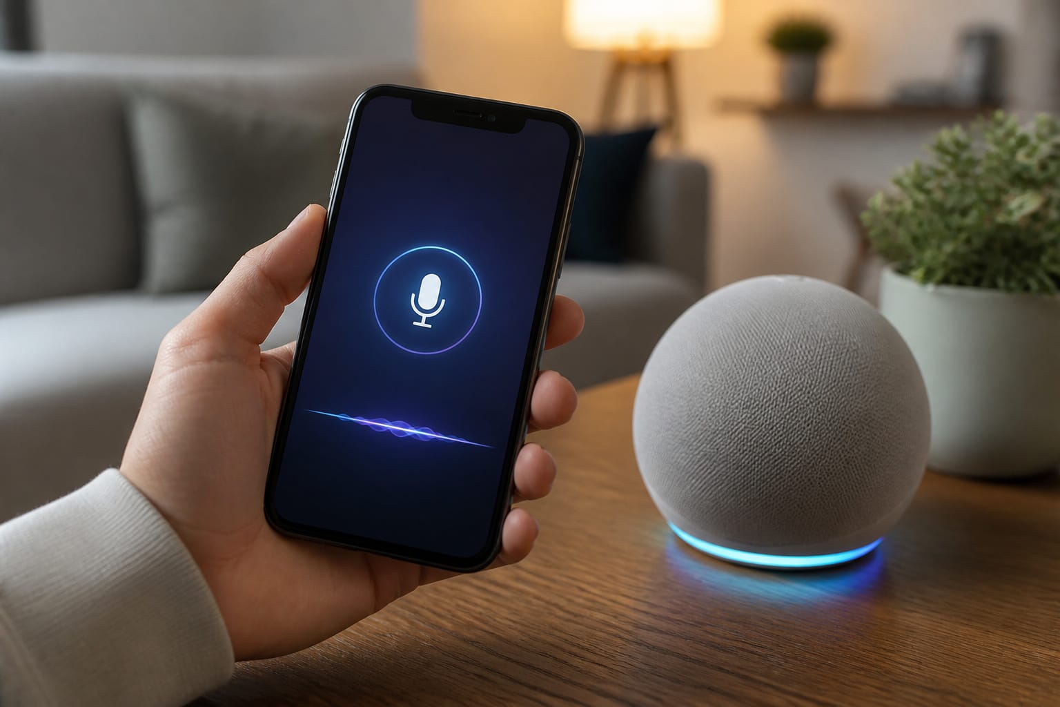 Smartphone showing a voice assistant app interface near a smart home device