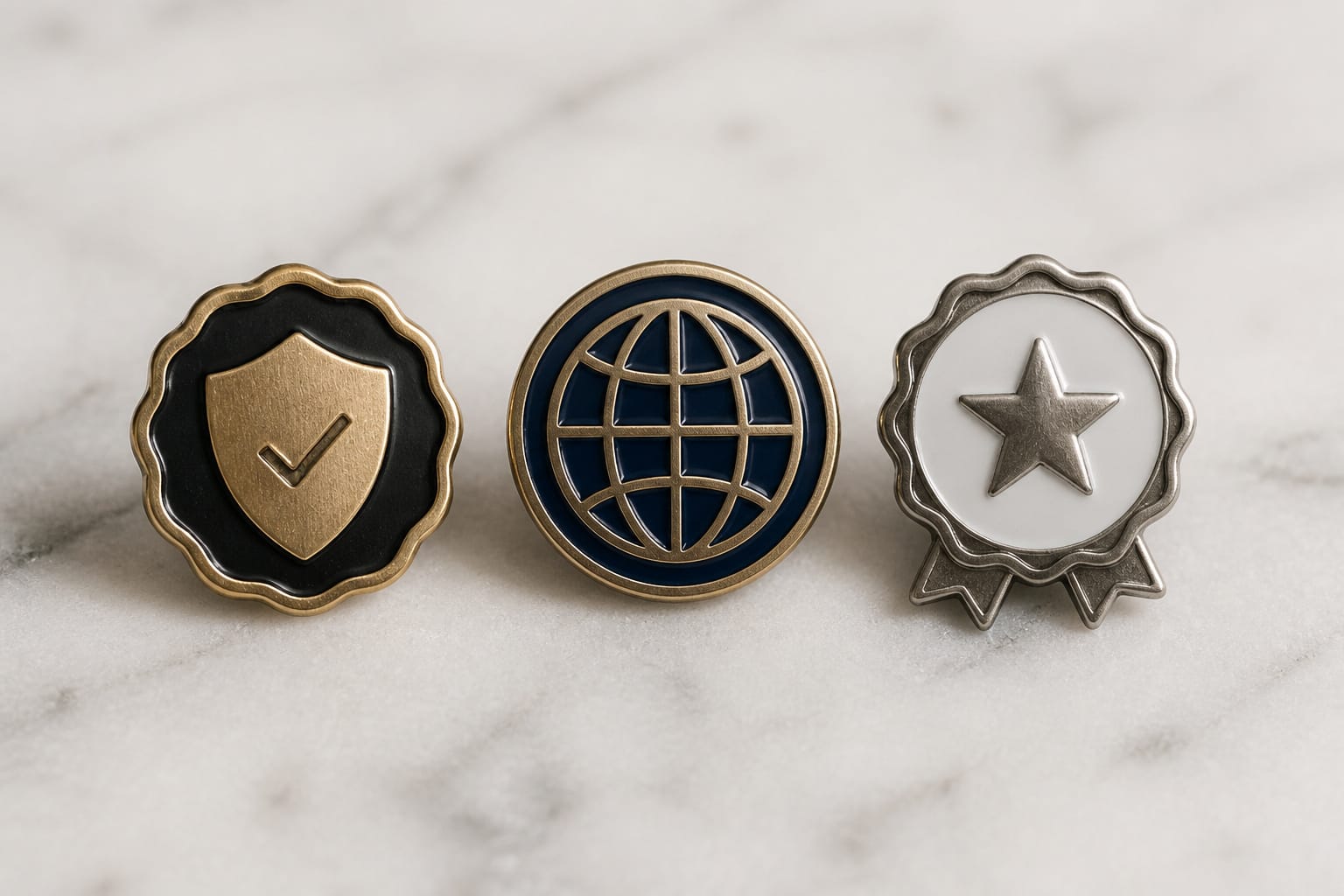Three small certification badge icons arranged side by side on a clean surface
