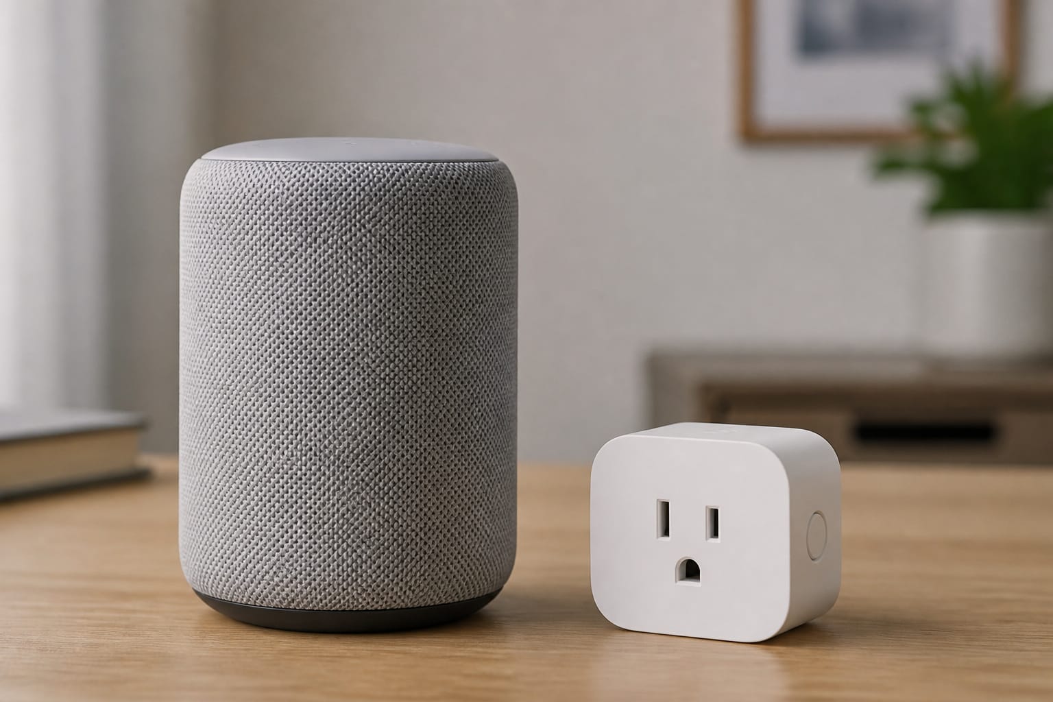 Smart speaker with a microphone next to a plain smart plug on a table