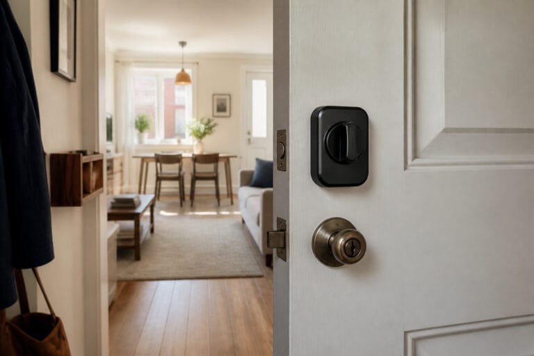 Apartment front door with a retrofit smart lock visible on the interior thumbturn