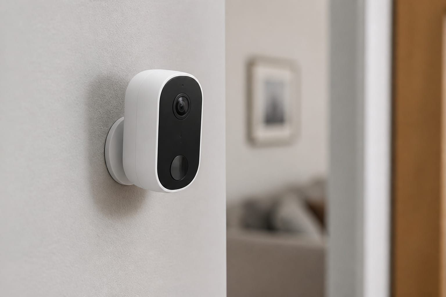 Small battery-powered camera mounted with an adhesive pad on an apartment wall