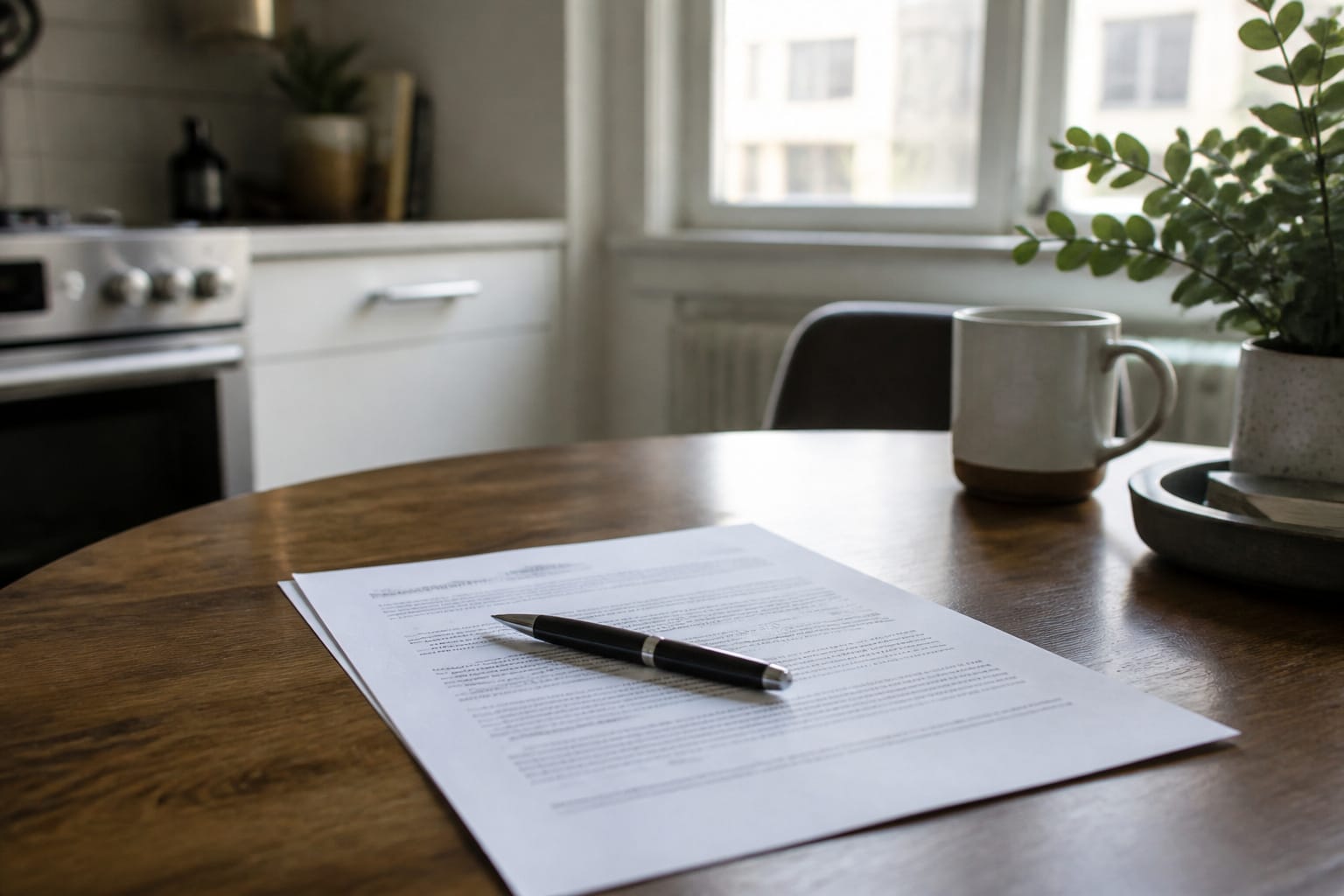 Lease document and a pen resting on a small apartment kitchen table