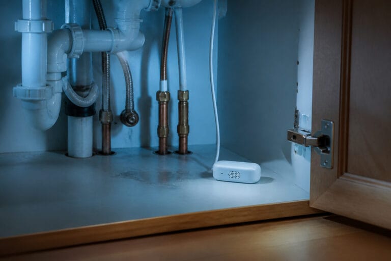 Small freeze and leak sensor placed near exposed pipes under a kitchen sink